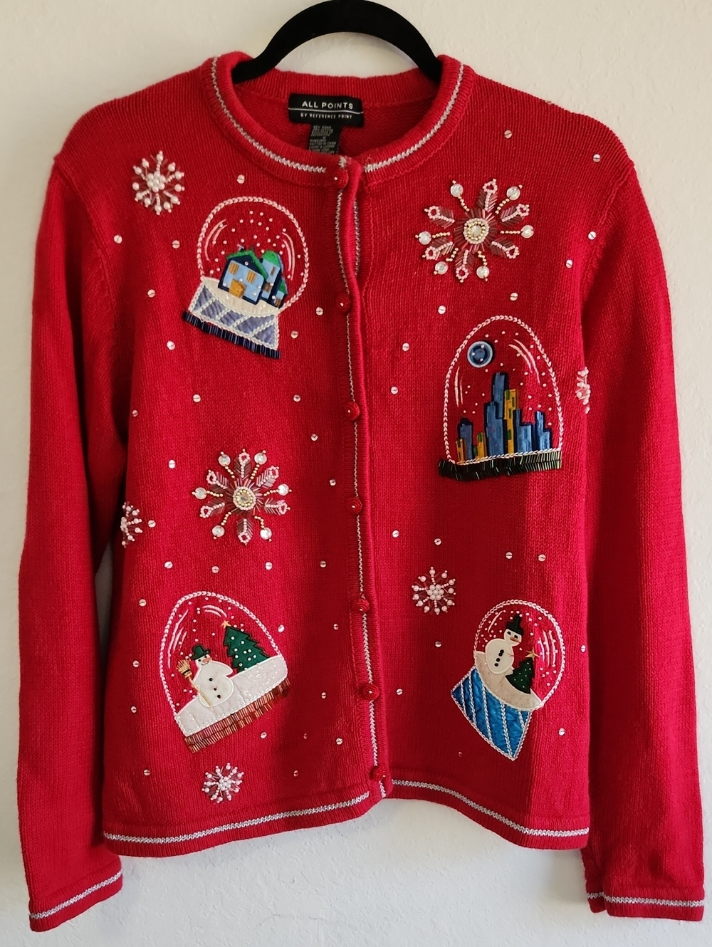 Vintage All Points Ramie Cotton Beaded Snow Globe Christmas Cardigan Medium